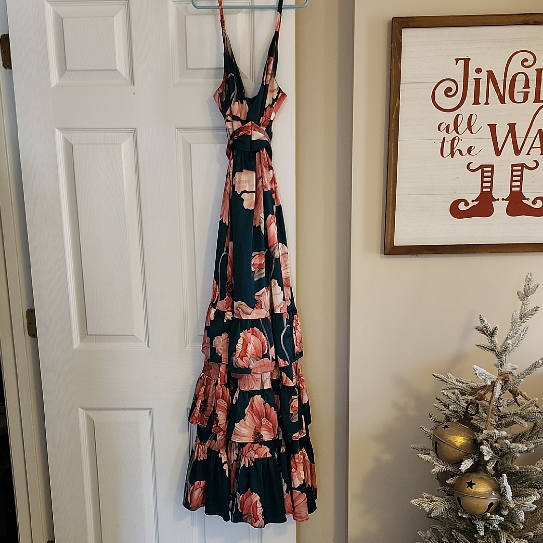 Floral Tiered Maxi Dress In Navy And Pink